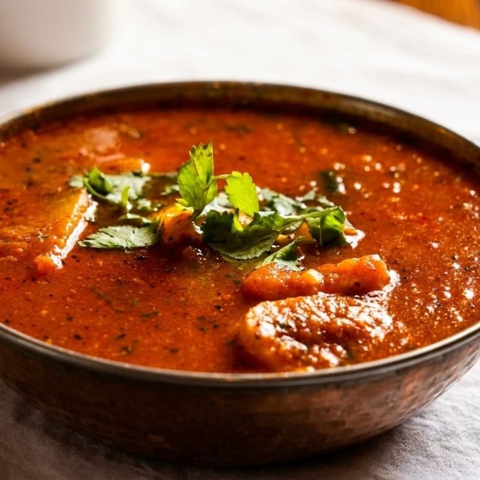 Indian curry in a copper bowl with handles, garnished with fresh cilantro on a white tablecloth.