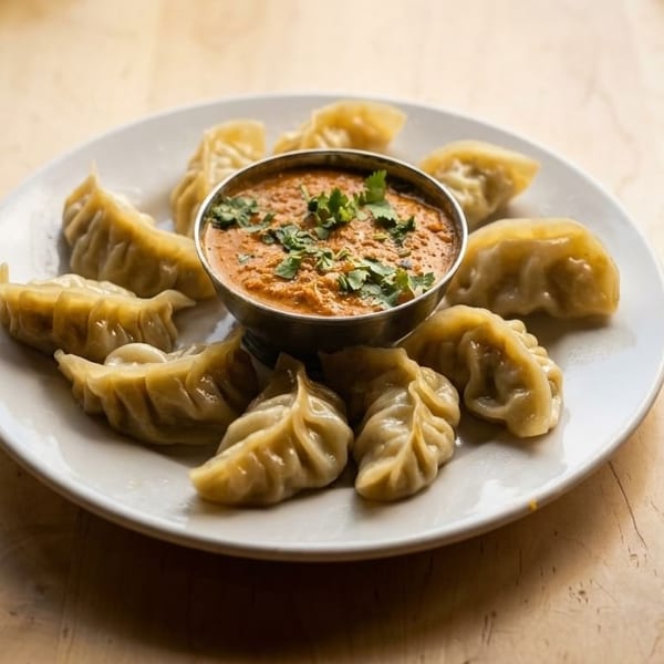 A white plate of steamed momos with a small bowl of orange dipping sauce, garnished with cilantro.