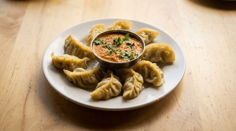 A white plate of steamed momos with a small bowl of orange dipping sauce, garnished with cilantro.