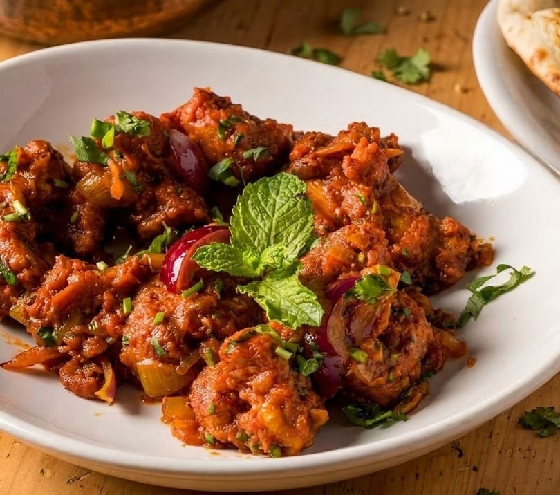 Spicy chicken Manchurian with red onions, green herbs, and mint on a white plate.