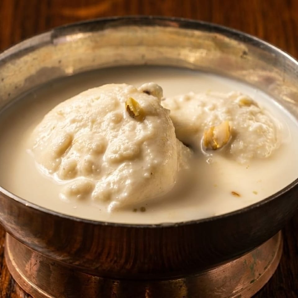 Two ras malai pieces with pistachios in a silver bowl filled with creamy milk on a wooden table.
